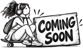 Skater sitting and waiting by a Coming Soon sign