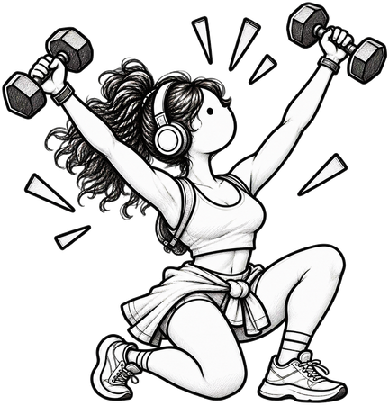 Girl kneeling with dumbbells raised in victory